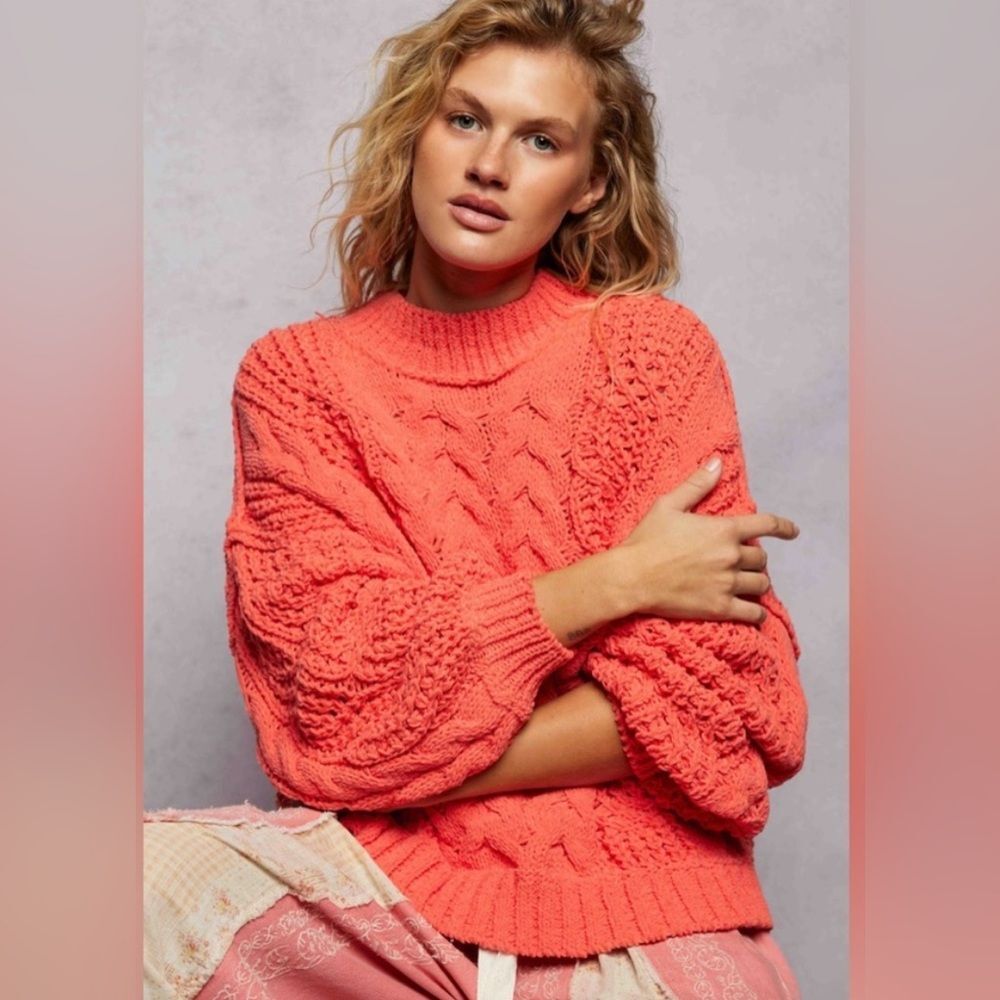 New! POL Coral Mock Neck Bubble Sleeve Chenille Cable Knit Sweater Size Large
